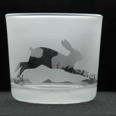 Image of Animo Glass Votive Tea Light Candle Holder, Frosted Etched Holders with Rabbit Design Clear Tealight Holder Birthday Gift Woodland Home Decor Hare