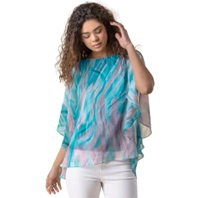 Image of Roman Originals Overlay Top for Women UK Ladies Summer Blouse Spring Everyday Holiday Autumn Work Winter Round Neckline Comfy Pull On Soft Vacation 3/4 Length Sleeves Turquoise Size 20