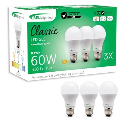 Image of Bell Lighting E27 Edison Screw Cap Light Bulb LED GLS 3 Pack Cool White 4000K 810 Lumen 8.1 Watts Energy Saving 60W Halogen Equivalent Non Dimmable