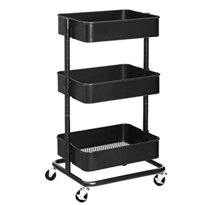 Image of SONGMICS 3 Tier Storage Trolley, Rolling Cart, Kitchen Cart with Height Adjustable Shelves, Utility 2 Brakes, Easy Assembly, for Bathroom, Kitchen, Office, Black BSC60B