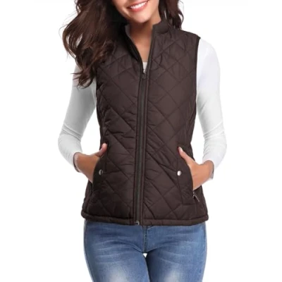 Image of fuinloth Women&#039;s Quilted Gilet, Lightweight Body Warmer Zip Padded Stand Collar Vest Chocolate Medium
