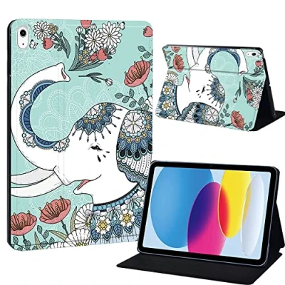 Image of Printed Tablet Case for iPad 10th Generation 2022 10.9 Inch, Slim Hard Back Gen Cover Protective Smart Stand 10 10.9&quot; (elephant and flower)