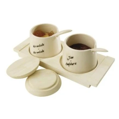 Image of T&amp;G Gift Works Preserve Pots with Spoons on an Oatmeal Finish Tray (gift boxed). 210x85x60mm
