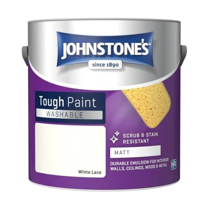 Image of Johnstone&#039;s Washable Paint White Lace Matt Finish Emulsion Highly Durable Stain Resistant Non Toxic &amp; Low Odour 12m2 Coverage per Litre 2.5L