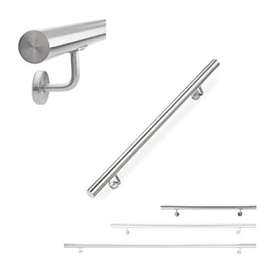 Image of Relaxdays Handrail, Stair Rail, Indoor &amp; Outdoor, Round, Ø 42 mm, Stainless Steel, with Bracket, 100 cm, Silver, 12.5 x 8 cm