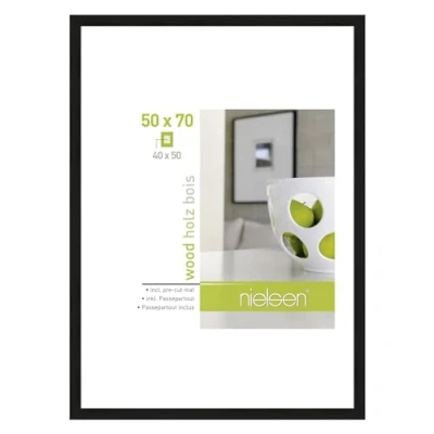 Image of accent by nielsen Apollon Photo Frame Black 50x70cm Wooden Picture with White Mount to Fit 40x50cm, Protective Float Glass and Push Turn Clips