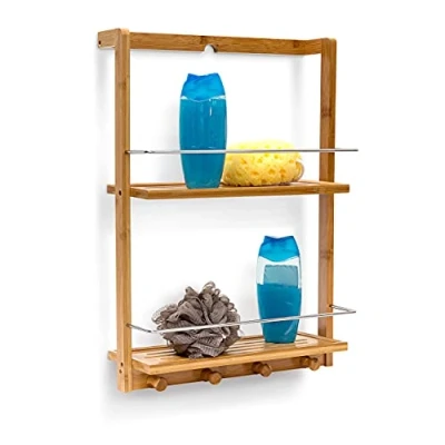 Image of Relaxdays Shower Caddy Shelf Organiser with 2 Shelves and 4 Hand Towel Hook, Bamboo, Brown