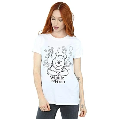 Image of Disney Women&#039;s Winnie The Pooh Collage Sketch Boyfriend Fit T Shirt White Large