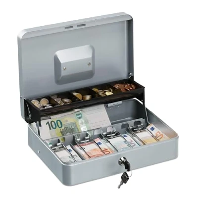 Image of Relaxdays Cash Box, Coin Counter Tray Lockable Portable Change &amp; Notes, H x W D: 8.5 30.5 24.5 cm, Iron, Silver