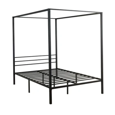 Image of Home Source Sierra 4ft 6 Double Size Bed Frame 4 Poster with Sleek Canopy Metal Slatted Bedroom Furniture Grand Design, Black