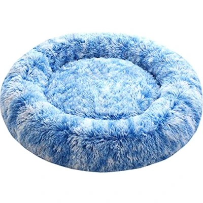 Image of Comlax Calming Donut Dog Beds XXL, Round Cushion with Removable Washable Cover, Anti Anxiety Faux Fur Cuddler, Fluffy Comfy Furry Pet Bed (100cm, Blue)