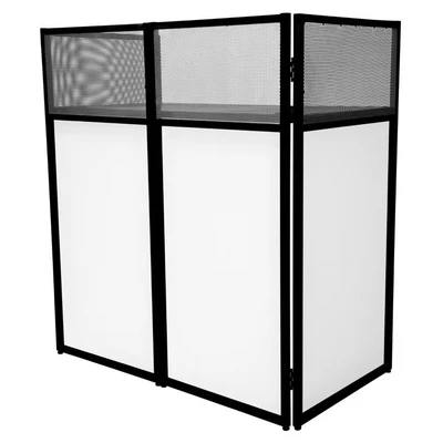 Image of DJ Disco Booth Stand Mixer Shelf Foldable Portable Screen Table Powder Coated Steel Interchangeable Stretch Cloth Panels 1 x Black &amp; 2 White Cloths Carry Storage Bag Secure Handle Lock Complete Set