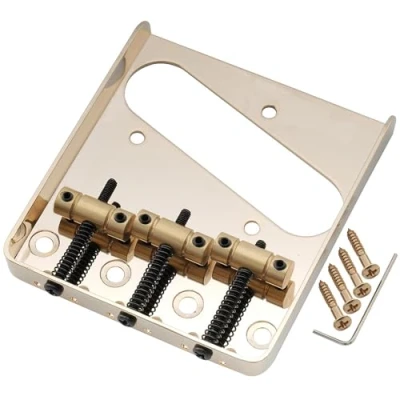 Image of Musiclily Pro 54mm Tele Bridge with Vintage Barrel Brass 3 Saddles Steel Plate for Squier Import Telecaster Style Electric Guitar, Gold