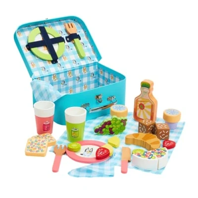 Image of Bluey Picnic Basket Set 30 Piece Wooden Roleplay Toy with Carry Case, Cutlery &amp; Pretend Food Accessories for Kids FSC Certified Material Fun Imaginative Kit 3 Years and Up