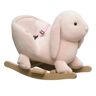 Image of HOMCOM Kids Children Rocking Horse Plush Ride On Rabbit Seat w/Sound Wood Base Safety Belt Toddler Baby Toy Rocker Pink 18 36 Months