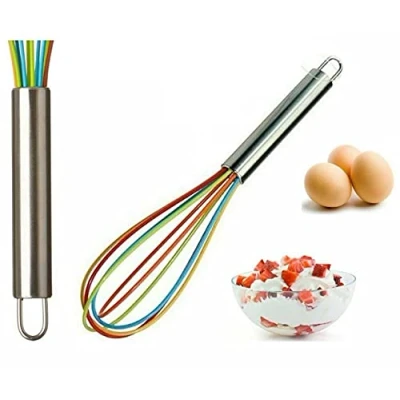 Image of MantraRaj 25cm Multicoloured Silicone Whisk Egg Kitchen Beater Sauce Blender Mixer Rainbow Whipping Hand Stirrer