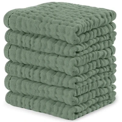 Image of Baby Washcloths, Muslin Cotton Towels, Large 10x10 Wash Cloths Soft on Sensitive Skin, Absorbent for Boys &amp; Girls, Newborn Toddlers Registry Gift (Fern, 6 Pack, 25 X CM)