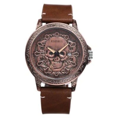 Image of JewelryWe Punk Skull Leather Watches: Cool Round Analog Quartz Calendar Watch Mens Gothic Vintage Wristwatch for Halloween