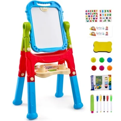 Image of VEVOR Art Easel for Kids, 2 in 1 Double Sided Kid&#039;s with Magnetic Whiteboard &amp; Chalkboard, Adjustable Standing Rotatable Removable Drawing Board Painting JY991303