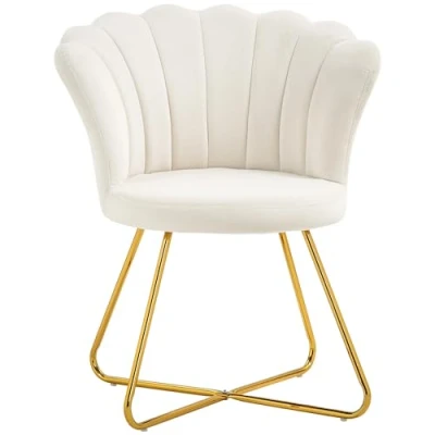 Image of HOMCOM Modern Armchair, Velvet Tufted Accent Chair with Lotus Backrest, Occasional Tub Steel Legs for Living Room, Bedroom, Cream
