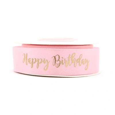 Image of Pink Ribbon with Gold Writing Happy Birthday Decoration (Pink) …