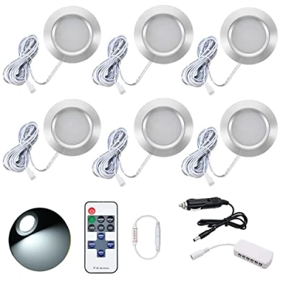 Image of JUTTAUTO 12V Interior LED Spot lights, Campervan Dimmable Roof Ceiling Down Lights with Remote Control, Motorhome lighting for T4 T5 Caravan Boat Yacht, 6 Ultra Slim Puck Kit