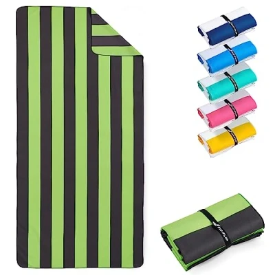 Image of Fit Flip microfibre beach towel large lightweight, compact and super absorbent sand free quick dry towel, 100% recycled travel darkgrey green stripes 200x90cm