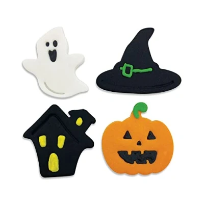 Image of Anniversary House Pack of 4 Halloween Hallows Eve Edible Cake Decorations, Handcrafted Toppers, Fondant Icing Sugar Cupcake SFX343