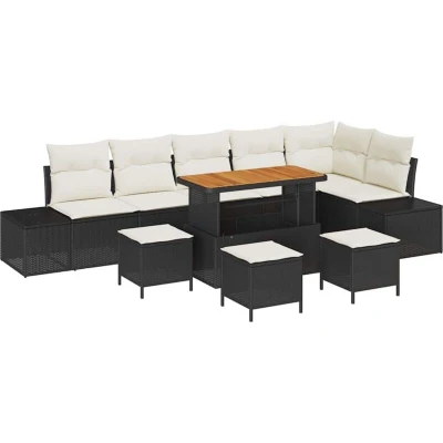Image of vidaXL 10 Piece Garden Sofa Set with Cushions Black Poly Rattan Acacia
