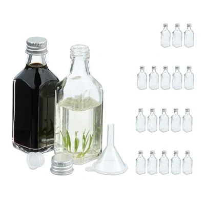 Image of Relaxdays Small, Set of 20, 50 ml, Glass Bottles for Filling, Screw Cap &amp; Cork, Transparent/Silver, Iron, 10 x 3.5 cm
