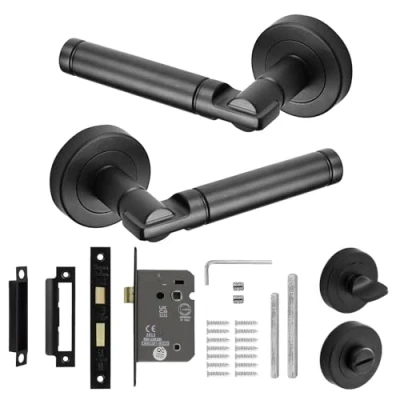 Image of Decoranddecor Internal Door Handles Bath Lock Kit Lever On Rose with Turn and Release (Matt Black)