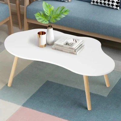 Image of HshDUti Small Coffee Table, Mid Century Modern Tea Table for Living Room Center Minimalist Display Cloud Shape Oval Wood White Tables Space 40&quot;L x 20&quot;W 16&quot;H Wh