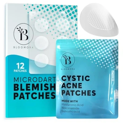 Image of BLOOMORA Microdart Pimple Patch, Spot Patches Salicylic Acid &amp; Hyaluronic Acid, Cystic Acne Treatment, Microneedle Technology Early Stage Patch (12 Pieces)