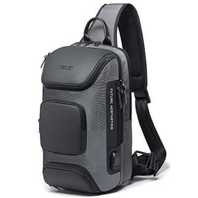 Image of BANGE Sling Bag, Waterproof Men&#039;s Chest Bag Shoulder bags Crossbody Backpack for Men……, Grey（with Usb）, Durable