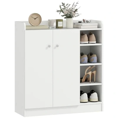 Image of HOMCOM Shoe Storage Cabinet Home Hallway Furniture 2 Doors w/Adjustable 4 Shelves Cupboard Footwear Rack Stand Organiser White