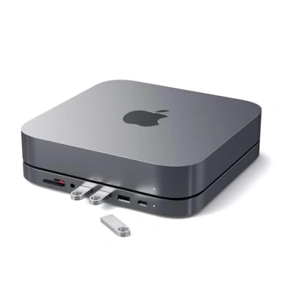 Image of SATECHI USB C Hub Type Aluminum Stand &amp; Data Port, Micro/SD Card Readers, 3.0 Headphone Jack Port For M2/ M1 Mac Mini, Studio, 2020 2018 Mini (Space Grey)