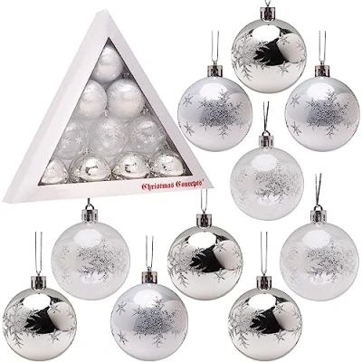 Image of Christmas Concepts® Pack of10 60mm (2.4&quot;) Tree Baubles Shiny, Matte &amp; Glitter Decorated (WHITE SILVER)