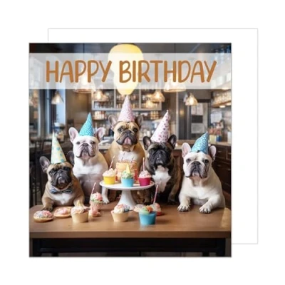 Image of Edition Seidel Premium Square Birthday Card with Envelope Greeting Happy For Him or Her Mum Dad Friend Kids English Bulldog Dogs Animal Cake (GQ154 SW024)