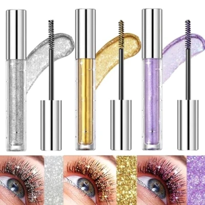 Image of 3 Pcs Glitter Mascara Eyeshadow, Shiny Sparkling Diamonds Colorful Mascara, Volumizing Lengthening Silver Mascara,Longwear Waterproof Smudge Proof Lashes for Eyelashes