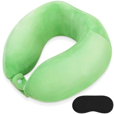 Image of FEUFOAM Neck Travel Pillow for Soft Memory Foam Pillows Lightweight Breathable Airplane Support Head and Chin Perfect Camping Train Car Office Rest Green
