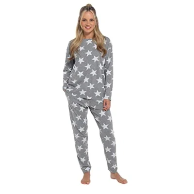 Image of Slumber Hut® Jersey Pyjamas Womens Soft Cosy Comfy Pajamas Printed PJ&#039;s for Women and Children Grey Stars Pattern Size Girls 11 12 Years