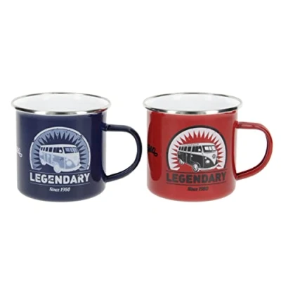 Image of BRISA VW Collection Volkswagen 2 Piece Enamel Coffee Tea Mug Cup Set for Camping &amp; Outdoor T1 Bus (Legendary/Red/Blue)