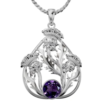 Image of Cairn Small Sterling Silver Scottish Thistle Pendant With Amethyst Baird Necklace. Jewellery Gift Box Included. 6120