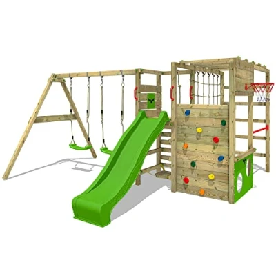 Image of FATMOOSE Wooden climbing frame ActionArena Air XXL with swing set &amp; apple green slide, Outdoor kids playhouse sandpit, ladder play accessories for the garden