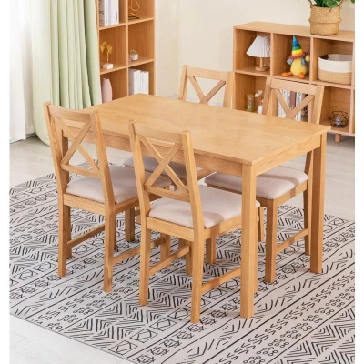 Image of Hallowood Furniture Waverly Oak Small Dining Table and Chairs Set 4, Wooden (120x70cm) &amp; Crossed Back Solid Chair with Beige Seat, for Home Cafe