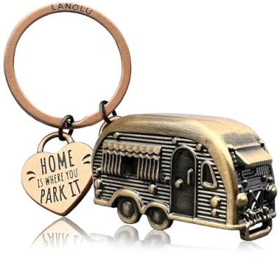 Image of LANOLU Keyring, Vintage Copper 3D Trailer Caravan Accessories, Motorhome Gift for Camping Enthusiasts, Durable Keychain with Inspiring Message RV Fans
