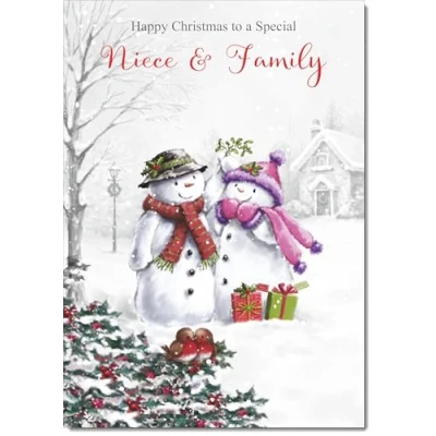 Image of doodlecards Niece &amp; Family Christmas Card Two Snowmen Medium Size with Plain Red Envelope, 21 x 15cm