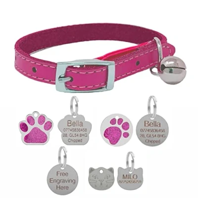 Image of Genuine Leather Cat Collar with Safety Elastic &amp; Bell Optional Personalised Engraved Tag (Pink, 22mm Face Tag)