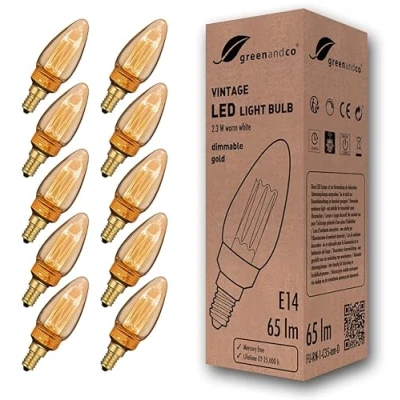 Image of greenandco 10x Dimmable Vintage Design LED Bulb for Mood Lighting E14 C35 Amber 2.3W 65lm 1800K Extra Warm White 320 230V Flicker Free Edison