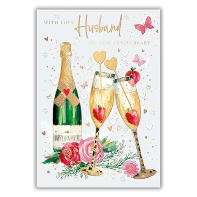 Image of Husband Anniversary Card Strawberry Champagne and Flowers with Embossed Foil Details Eco Friendly by Words Wishes